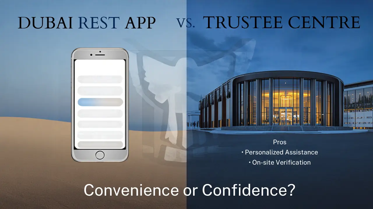 Comparison table of Dubai REST app versus Trustee Centre Ejari registration, showing advantages and drawbacks side by side.