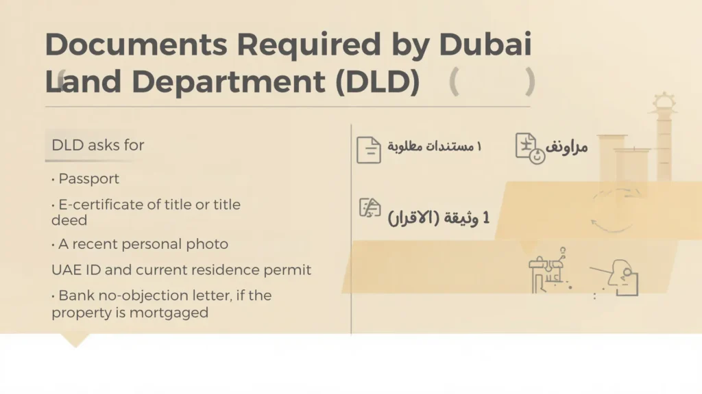 Checklist of documents DLD asks for in a Dubai Golden Visa application: passport, e-title deed, photo, UAE ID and bank letter