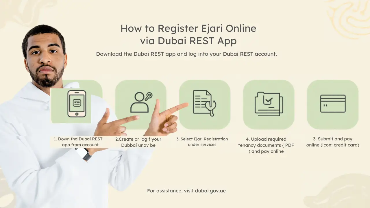 Dubai REST app screen showing Ejari online tenancy contract registration steps for a Dubai apartment.