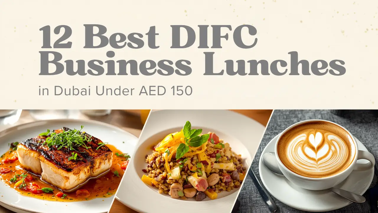 DIFC Gate Village restaurant table set for a weekday business lunch, Dubai skyline visible through the windows